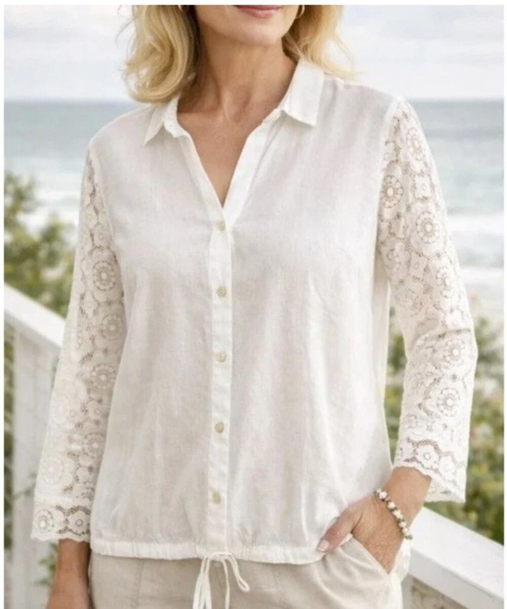 J. Jill Love Linen White Button Up Shirt Lace Sleeves Tie Waist Beachy Coastal M